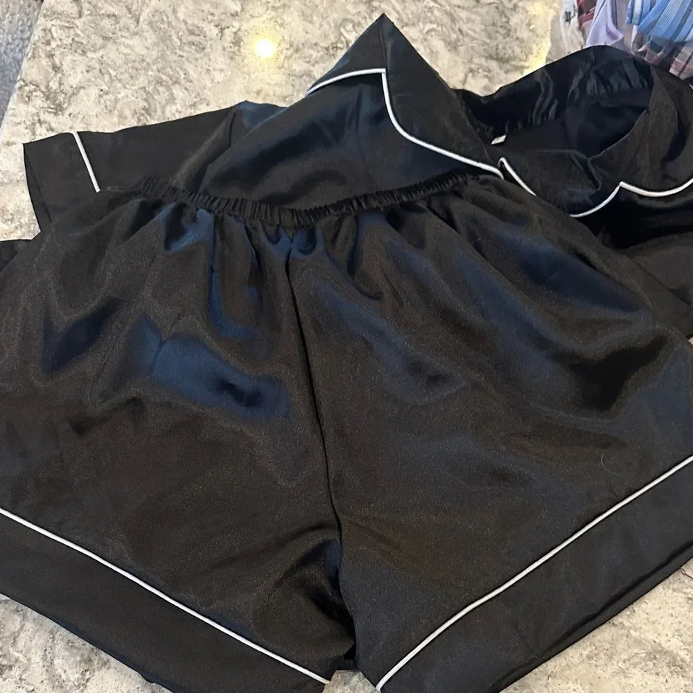 Black Satin Pajama Set Sz Med NWOT